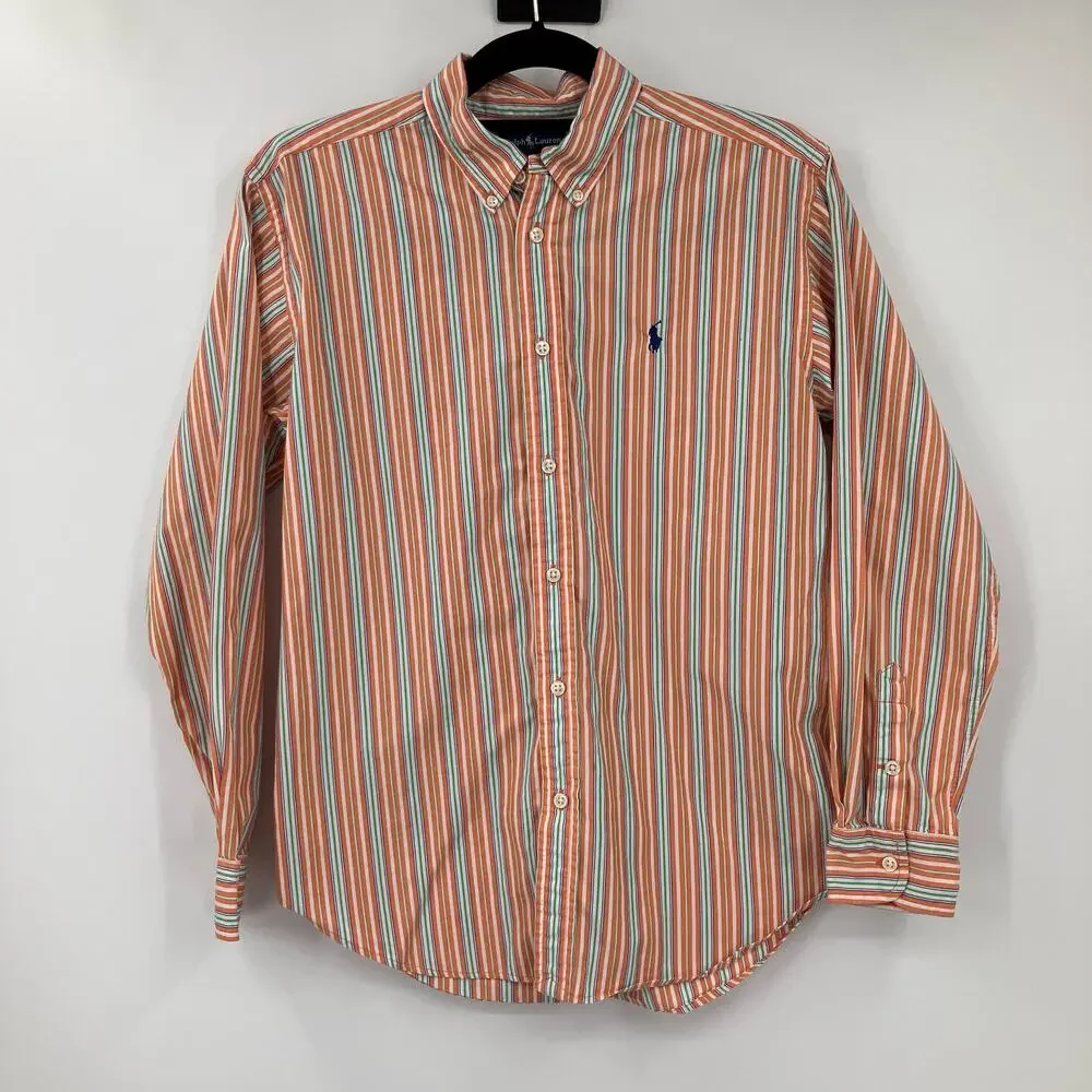Ralph Lauren Orange Green Stripe Embroidered Iconic Oxford Button Down Shirt